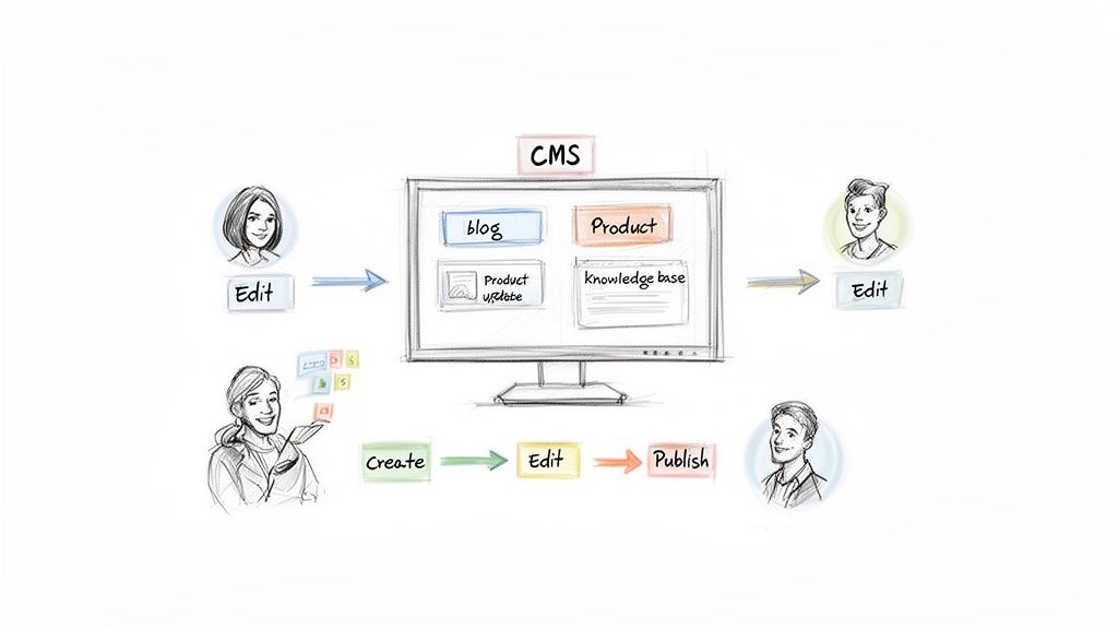 Diagram illustrating a content management system (CMS) workflow with content creation, editing, and publishing roles.