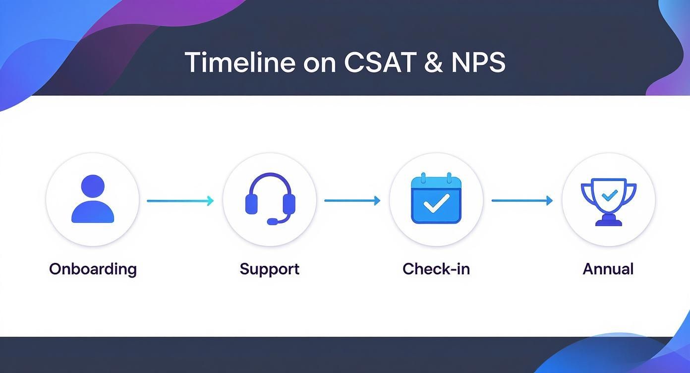 An infographic timeline showing when to use CSAT and NPS, from onboarding and support interactions to quarterly check-ins and annual reviews.