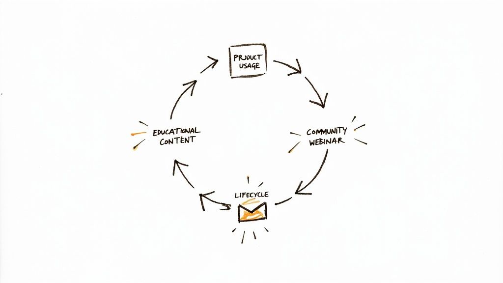 A hand-drawn diagram illustrating a customer lifecycle featuring product usage, community webinars, and educational content.