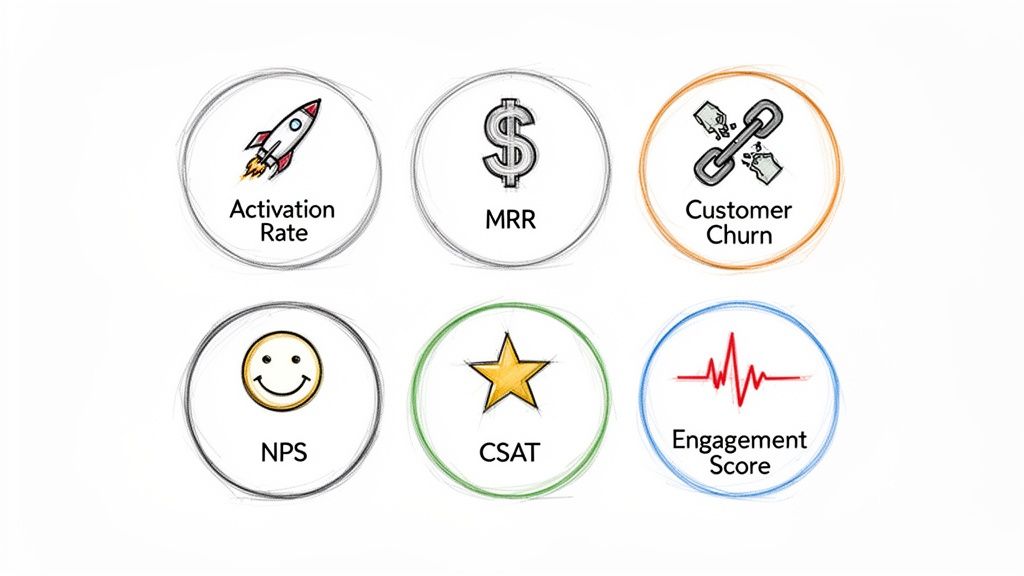 Six colorful circles representing key business performance indicators like activation, MRR, churn, NPS, CSAT, and engagement.