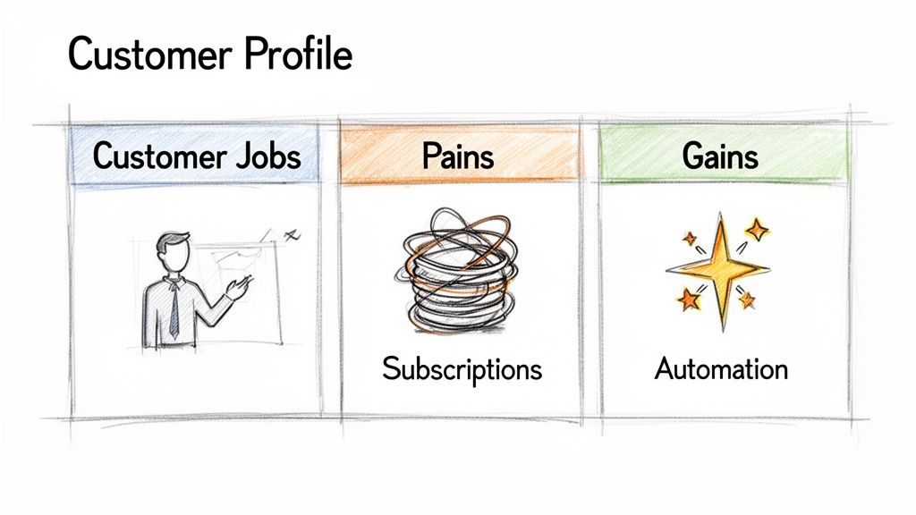 A customer profile framework illustrating customer jobs, subscription pains, and automation gains with hand-drawn sketches.