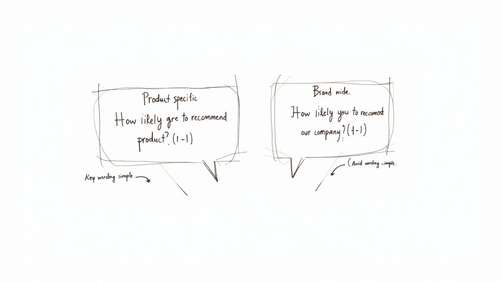 Handwritten notes compare product-specific and brand-wide Net Promoter Score (NPS) survey questions.