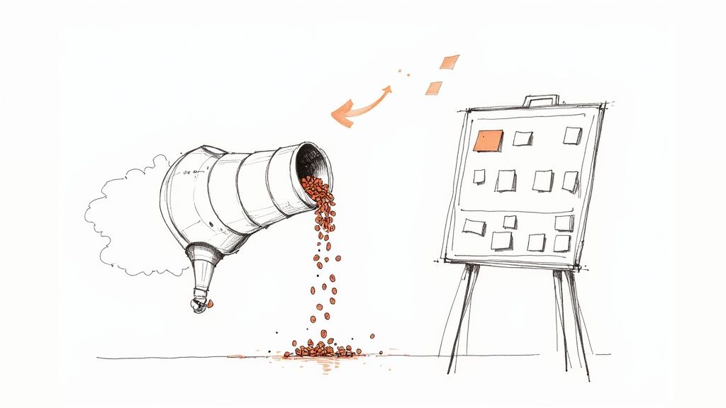 A person looking thoughtfully at a wall of sticky notes with feedback.