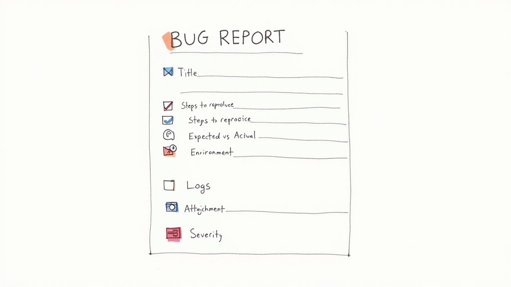 Hand-drawn bug report form template showing fields for title, steps to reproduce, and severity