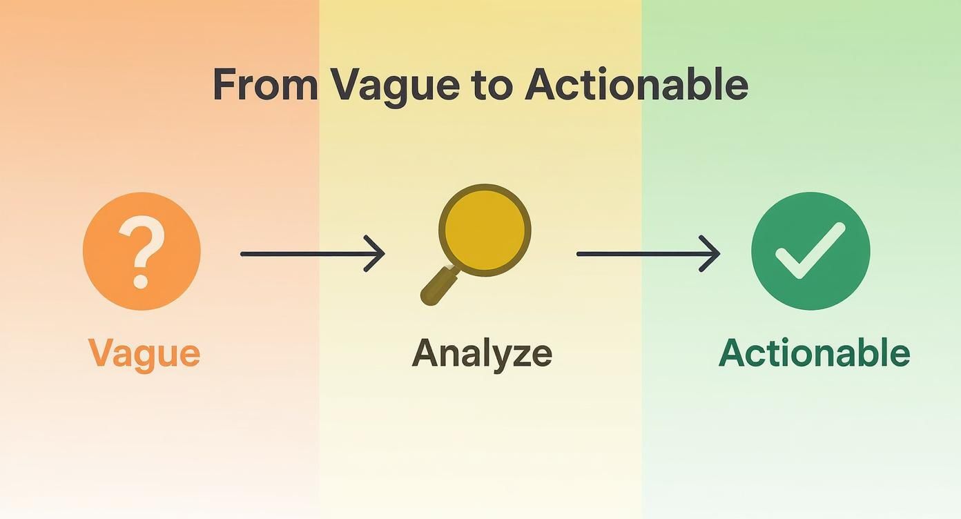 A process diagram showing the conversion from vague concepts to actionable results through analysis.