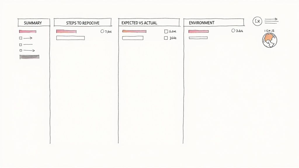 A hand-drawn software bug report template with sections for summary, steps, expected vs actual, and environment.