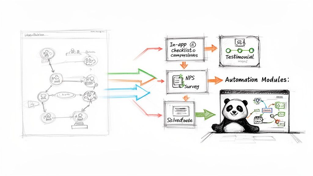 Hand-drawn diagram illustrating a user journey map flowing into automation modules with surveys and checklists.