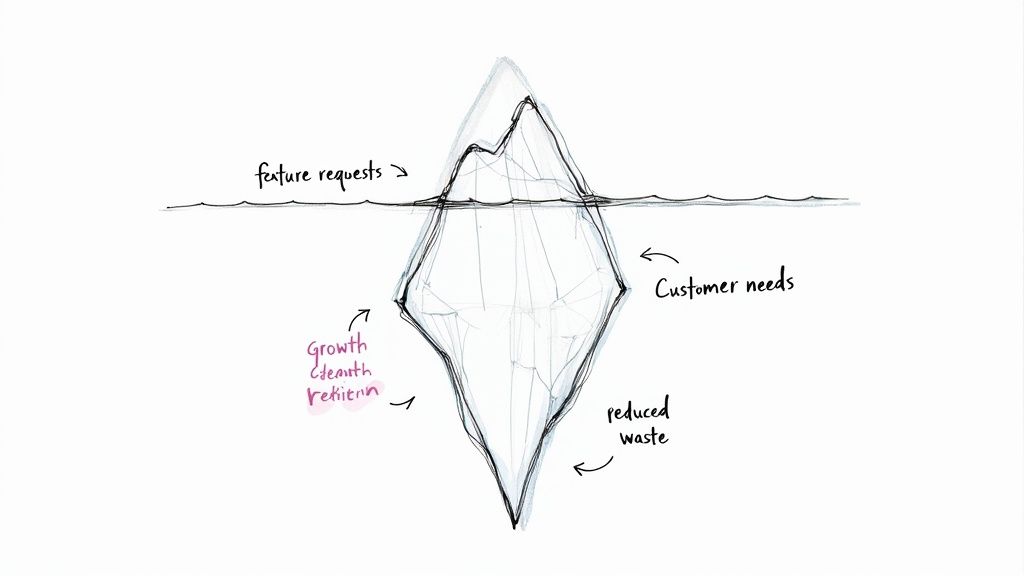 Iceberg diagram illustrating customer needs, feature requests, growth patterns, and reduced waste in product development