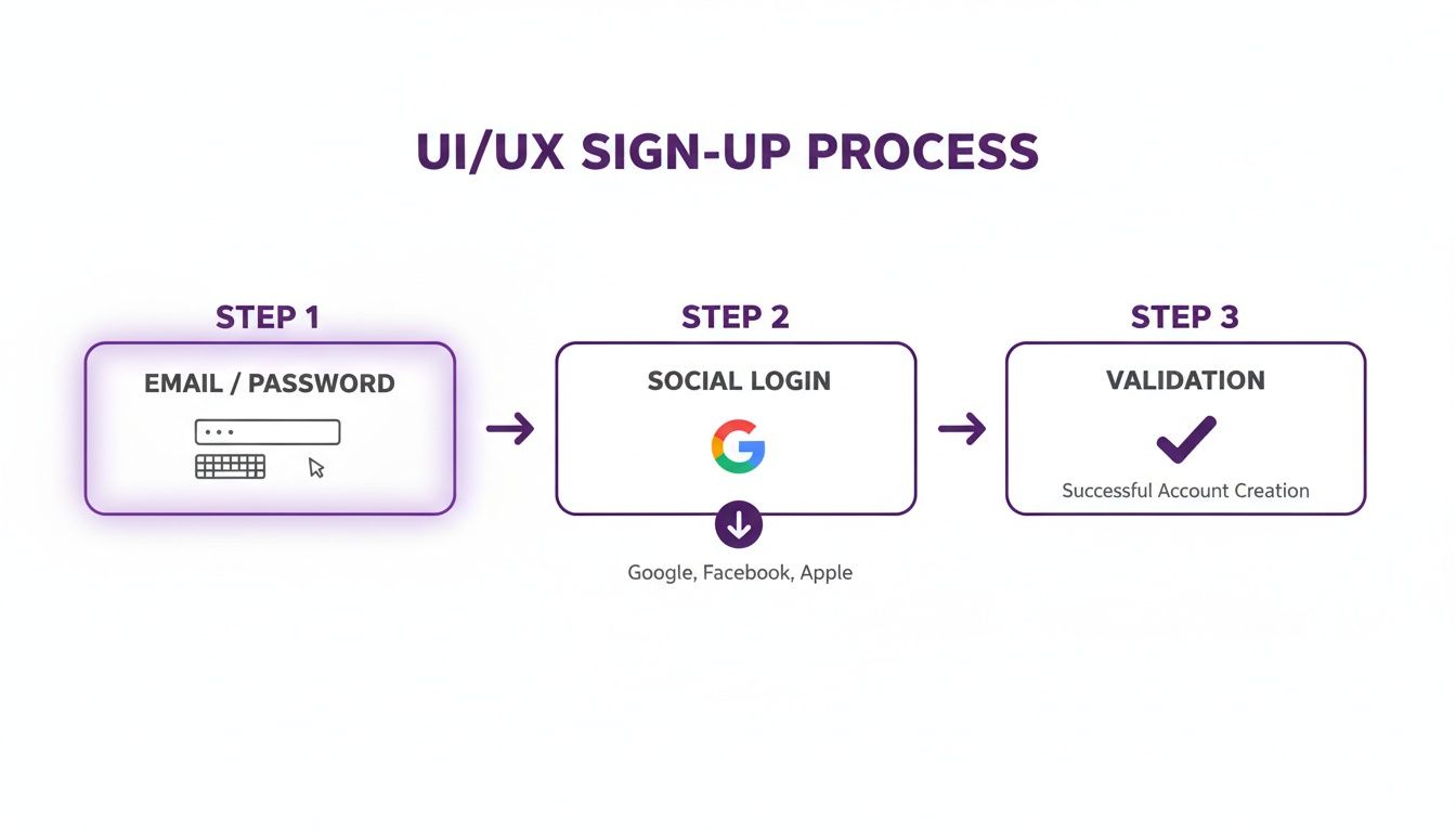 Flowchart illustrating a UI/UX sign-up process with email/password, social login, and successful account creation.