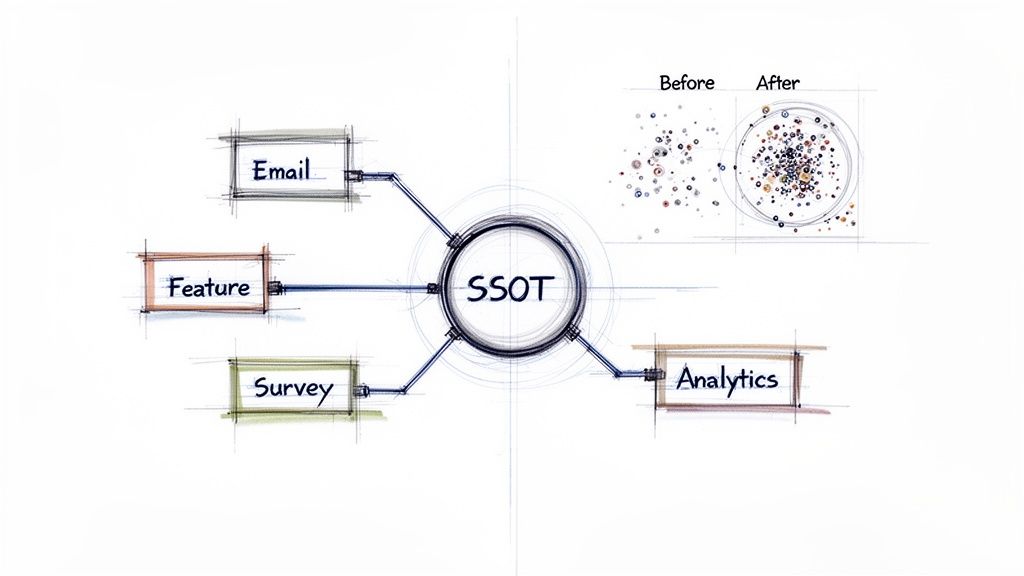Diagram illustrating data sources (Email, Feature, Survey) consolidating into a Single Source of Truth for Analytics.
