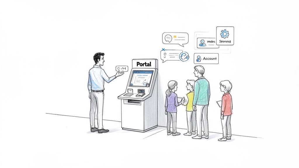 A man interacts with a 'Portal' self-service kiosk as a family waits in line, showing various service options.