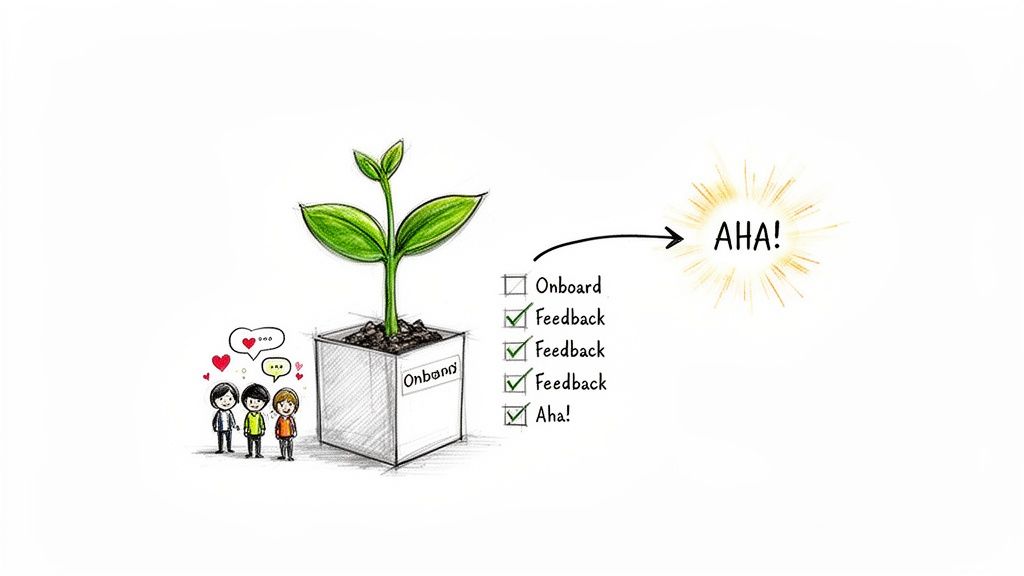 Illustration of a plant growing from a pot with 'Onboard' label, surrounded by people giving feedback, leading to an 'Aha!' moment.