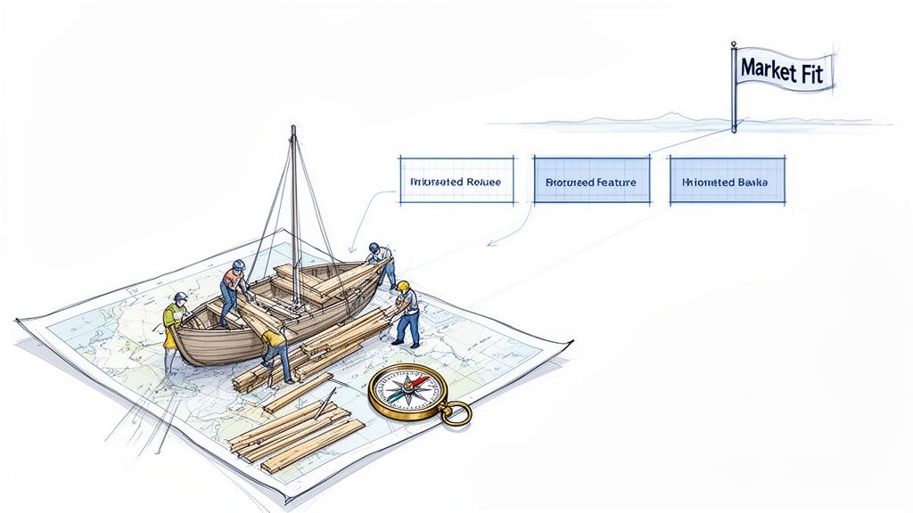 Illustration of people building a boat on a map, symbolizing strategic product development towards market fit.