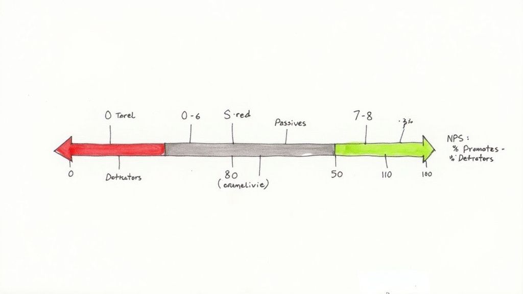 Hand-drawn diagram illustrating NPS scores, categorizing Detractors (red), Passives (grey), and Promoters (green).