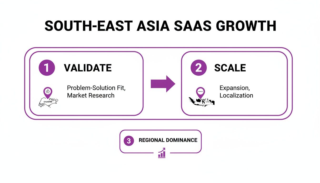 Infographic illustrating a 3-step SaaS growth strategy for Southeast Asia: Validate, Scale, and achieve Regional Dominance.