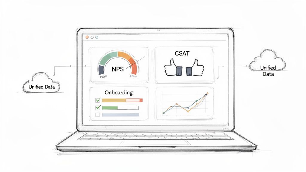 Sketch of a laptop dashboard displaying unified data, NPS, CSAT, onboarding metrics, and a line graph.