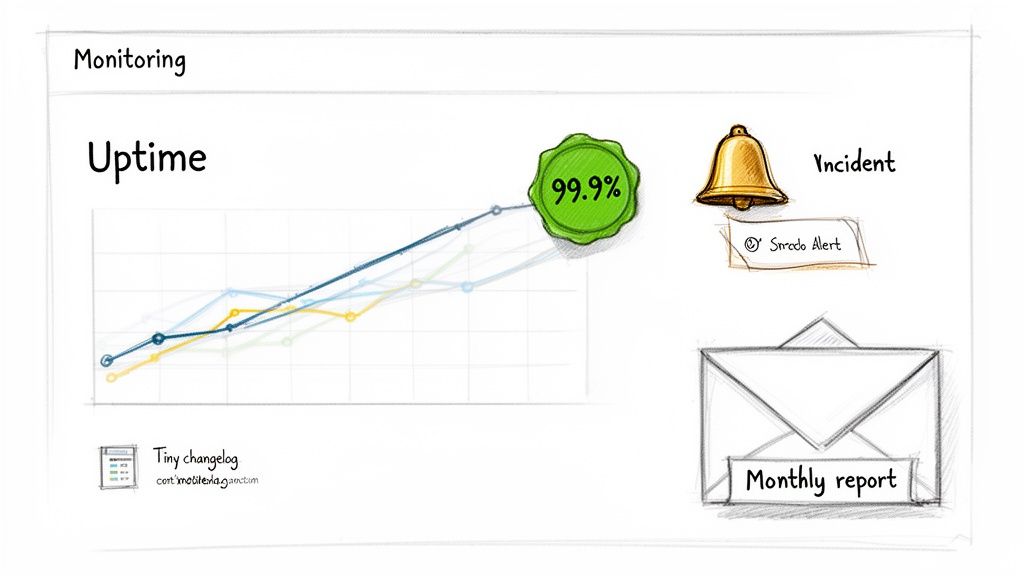 Hand-drawn diagram illustrating service monitoring, including uptime, incident alerts, and reports.
