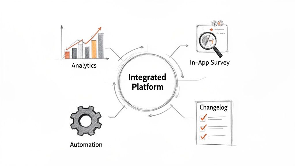 A diagram illustrating an integrated platform surrounded by analytics, in-app surveys, automation, and changelog features, showing a circular workflow.