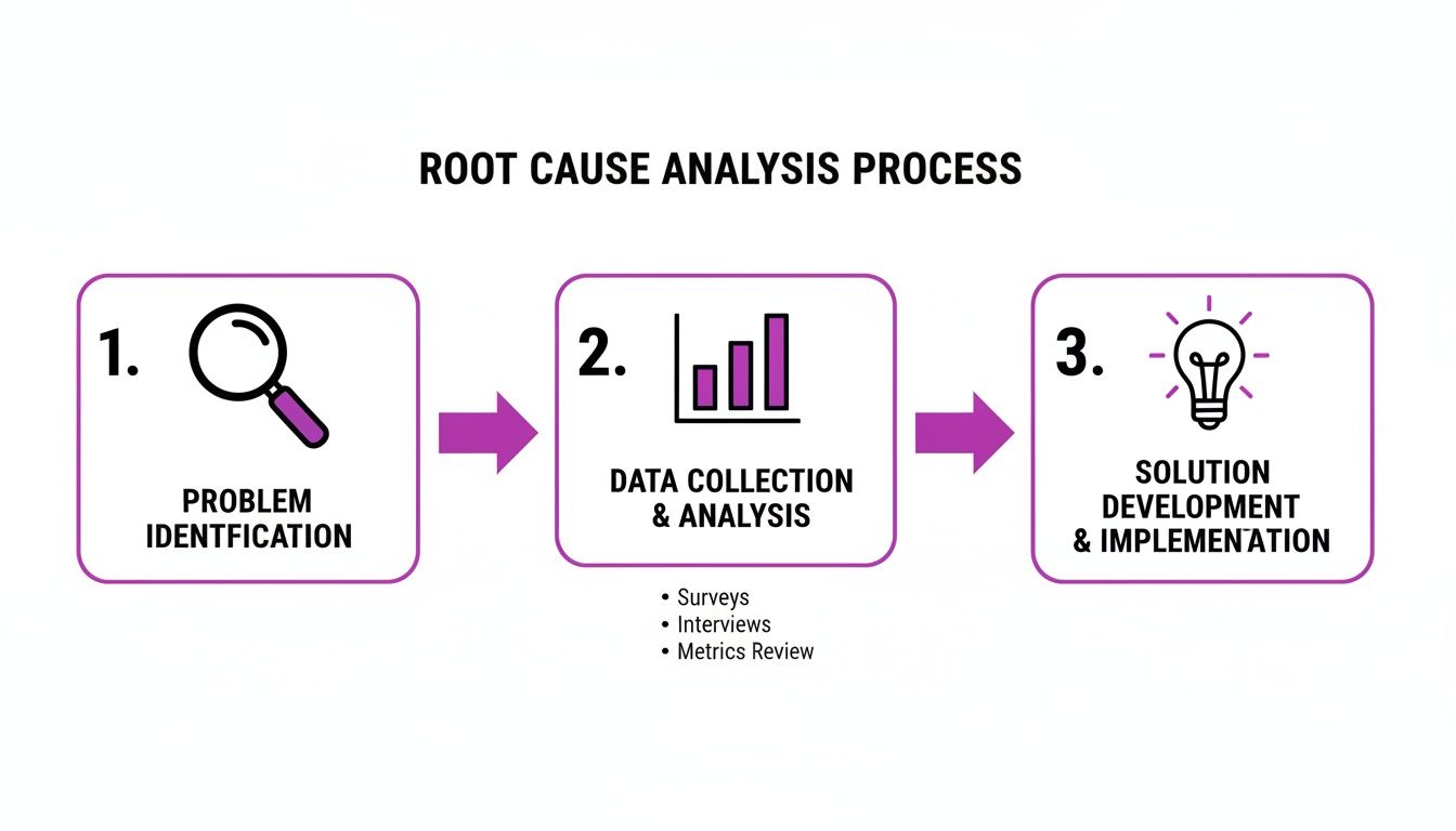 A sequential diagram illustrating the three-step Root Cause Analysis Process: identification, data, and solution.