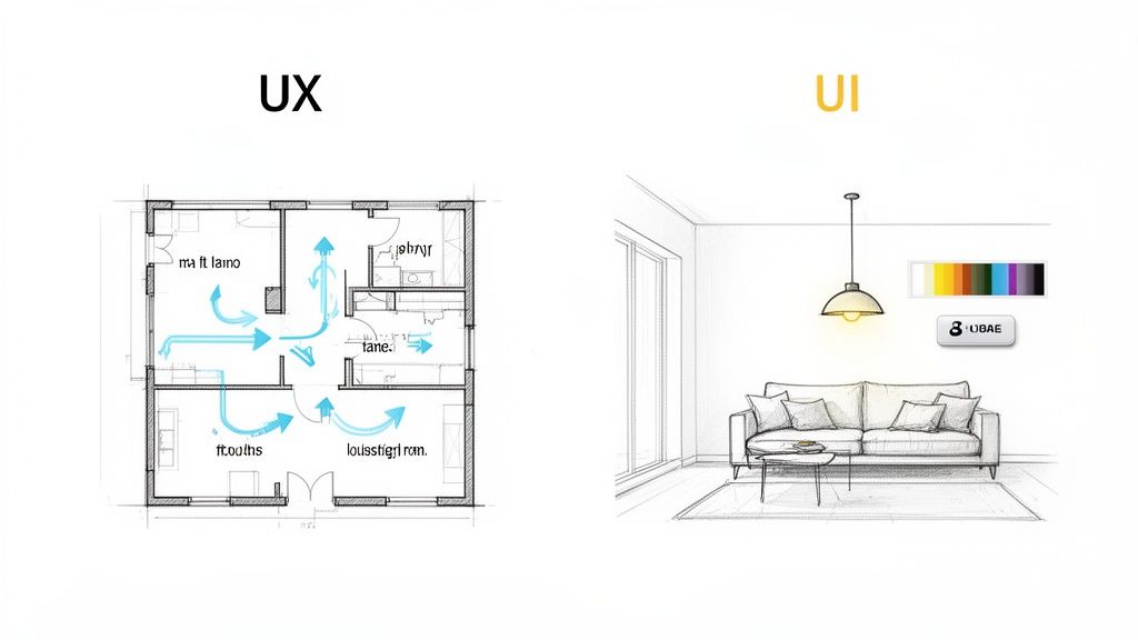 Comparison of UX, a floor plan with user flow, and UI, a living room with interface elements.