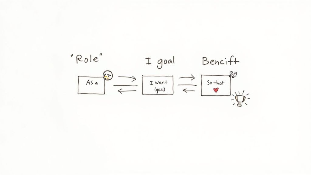 A handwritten diagram illustrating the structure of a user story, connecting 'Role', 'Goal', and 'Benefit'.