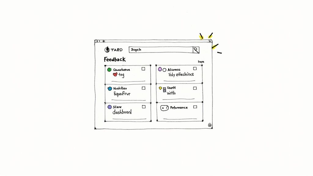 Hand-drawn wireframe mockup showing feedback dashboard interface with multiple checklist categories and search bar