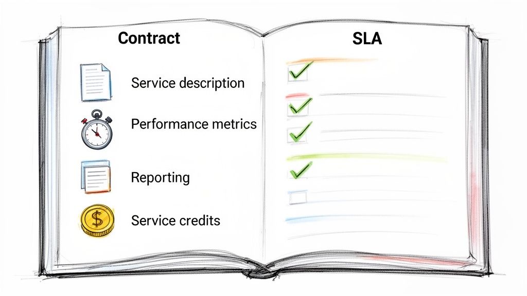An open book comparing contract components like service description, performance metrics, reporting, and service credits with SLA checklists.