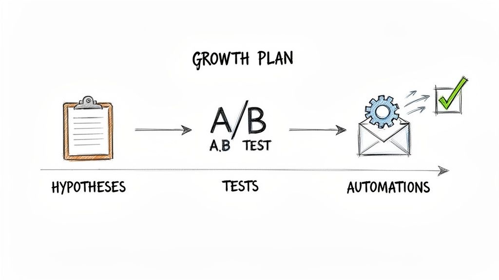 Flowchart illustrating a growth plan: from hypotheses and A/B tests to automations and successful outcomes.
