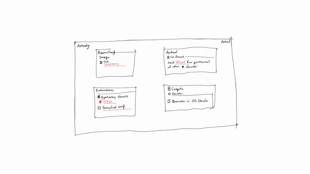 A hand-drawn sketch of a bug reporting template with sections for steps, actual behavior, and components.