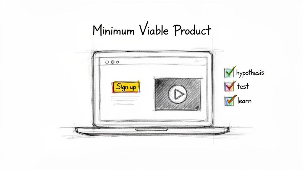A sketch of a laptop displaying a 'Sign up' button and video, illustrating a Minimum Viable Product with a hypothesis-test-learn cycle.