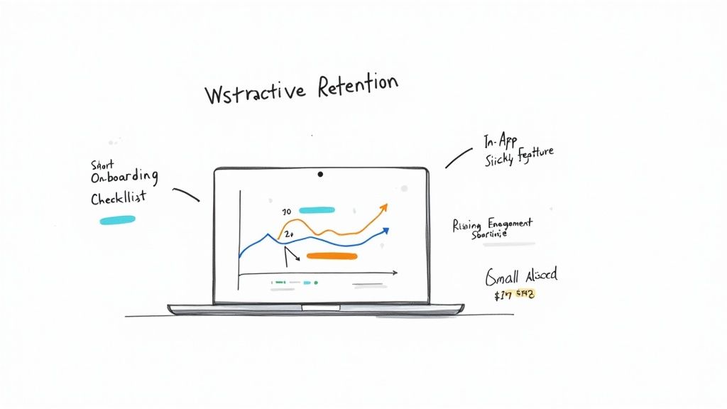 A hand-drawn whiteboard illustration showing customer retention strategies with a laptop graph and notes.