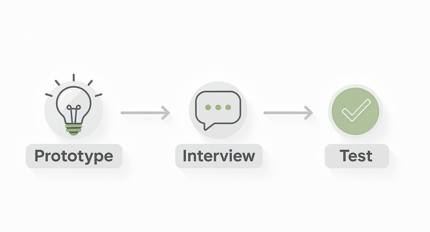 Three-stage design thinking process showing prototype, interview, and test phases with icons