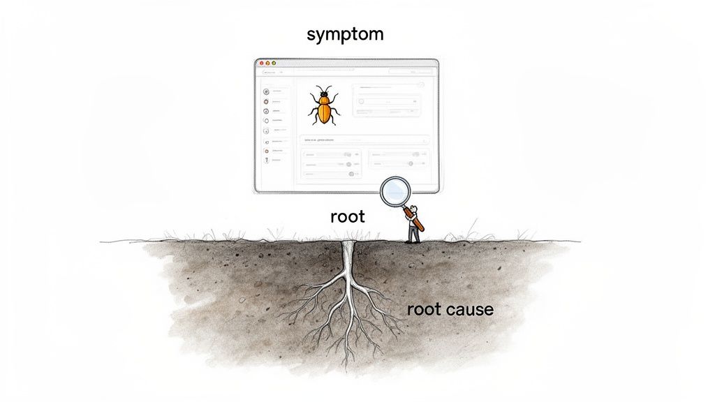 Illustration of a person using a magnifying glass to find the root cause of a software bug symptom.