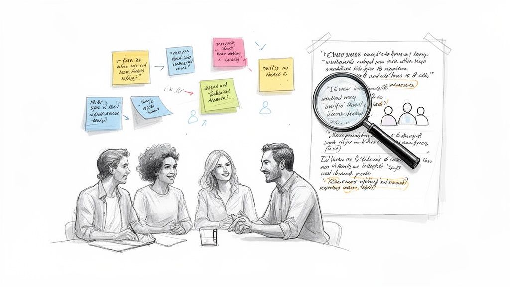 Four diverse professionals collaborating in a design thinking workshop with sticky notes.