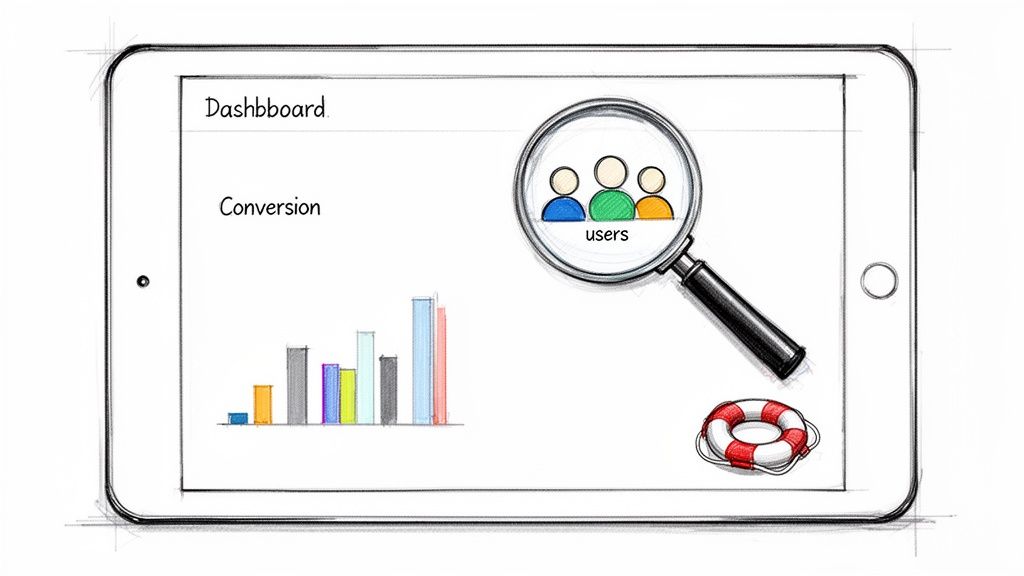 Digital tablet displaying a dashboard with user conversion data, user analysis, and support.