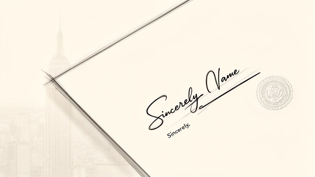 A formal document showing a handwritten signature 'Sincerely Name' and 'Sincerely,' with a city skyline background.