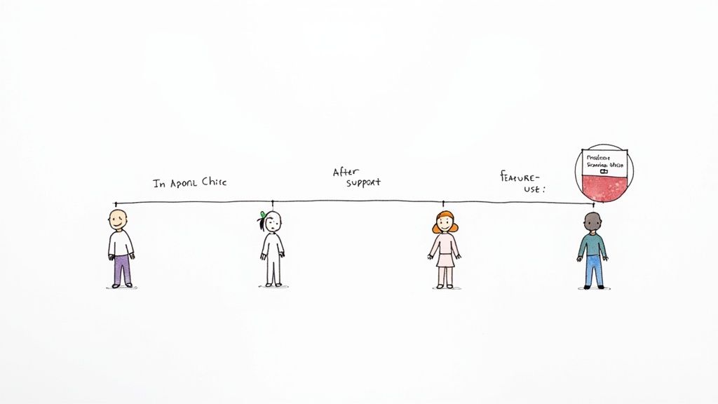 Cartoon timeline visualizes customer interaction phases from initial contact to feature usage, aiming to improve satisfaction.