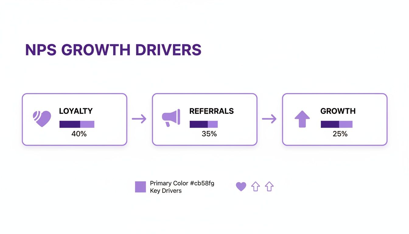 Flowchart illustrating NPS growth drivers: Loyalty (40%), Referrals (35%), leading to overall Growth (25%).