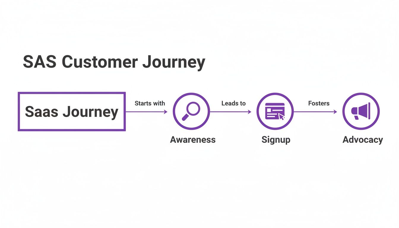 Diagram showing the SAS customer journey: Saas Journey starts with Awareness, leads to Signup, and fosters Advocacy.