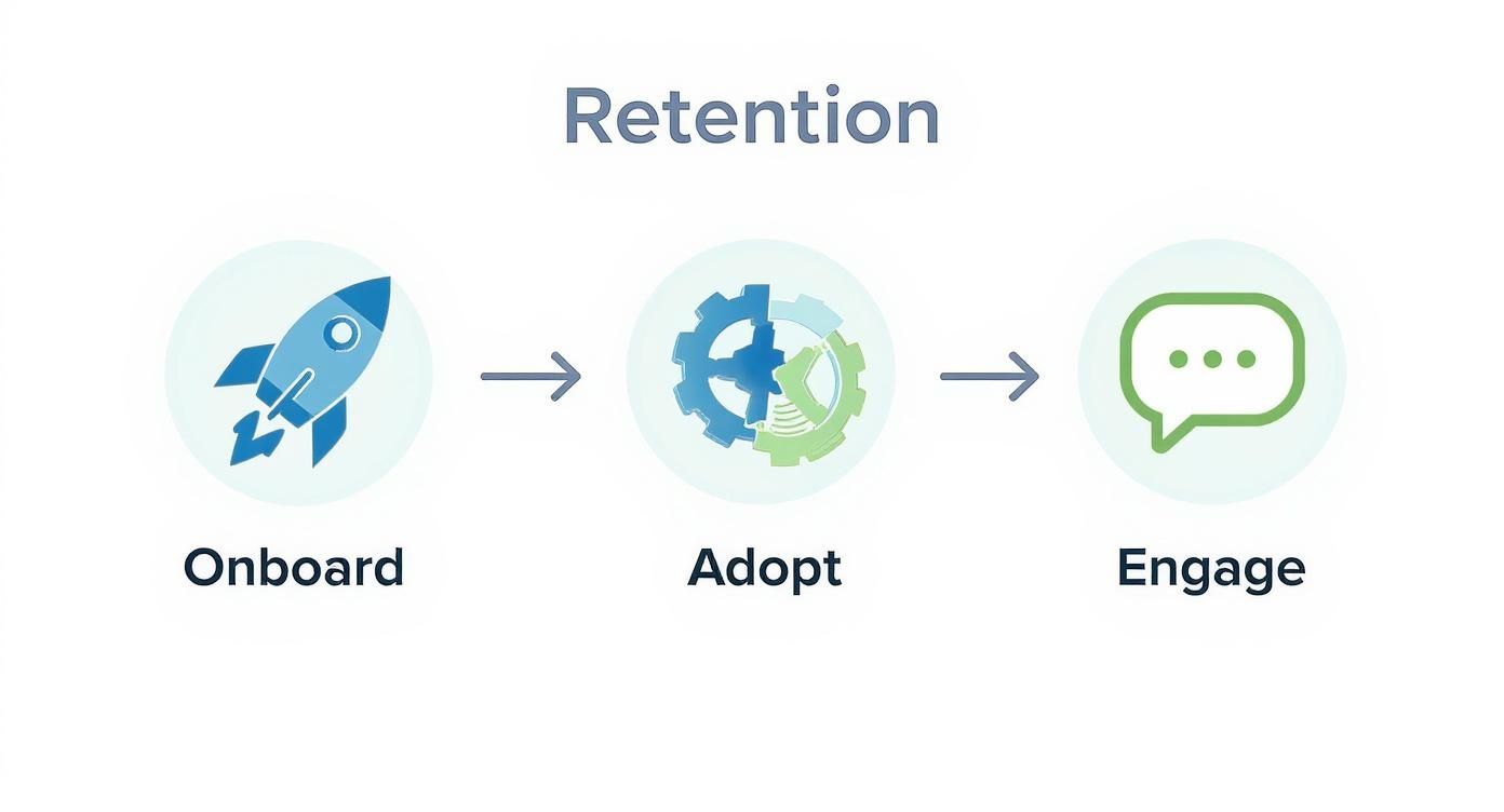 Flowchart showing customer retention journey steps: Onboard (rocket), Adopt (gears), and Engage (chat).