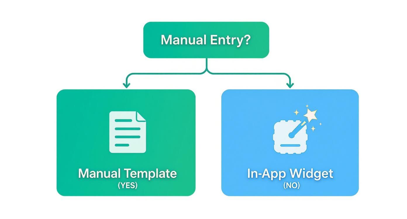Flowchart showing bug reporting options: Manual Template (YES) or In-App Widget (NO).
