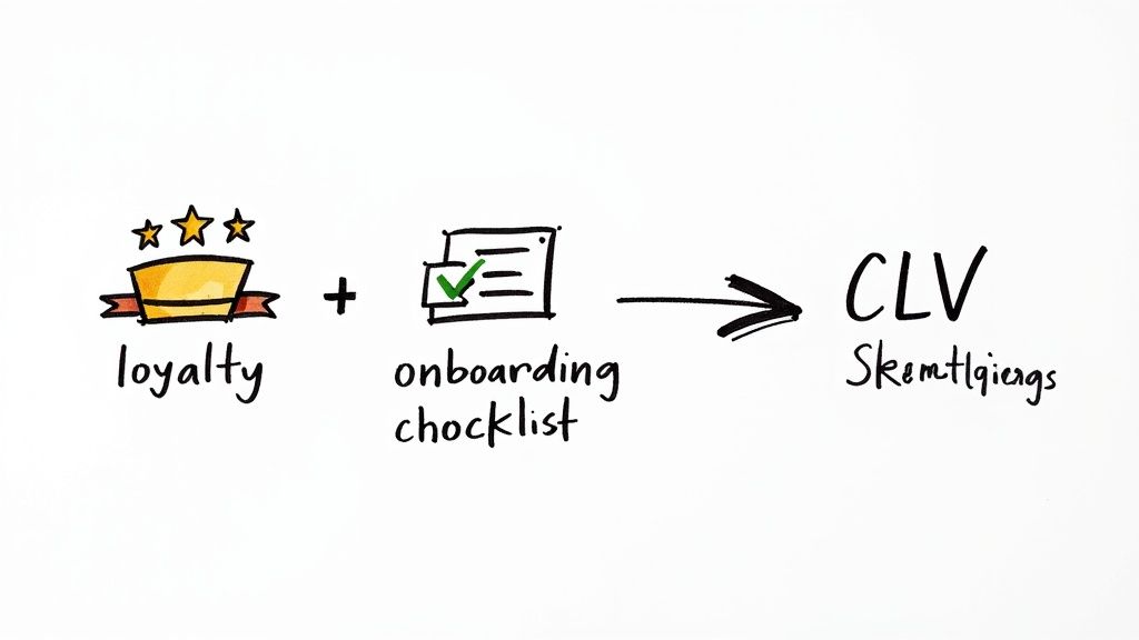 A handwritten diagram illustrates how customer loyalty and an effective onboarding checklist lead to increased Customer Lifetime Value.