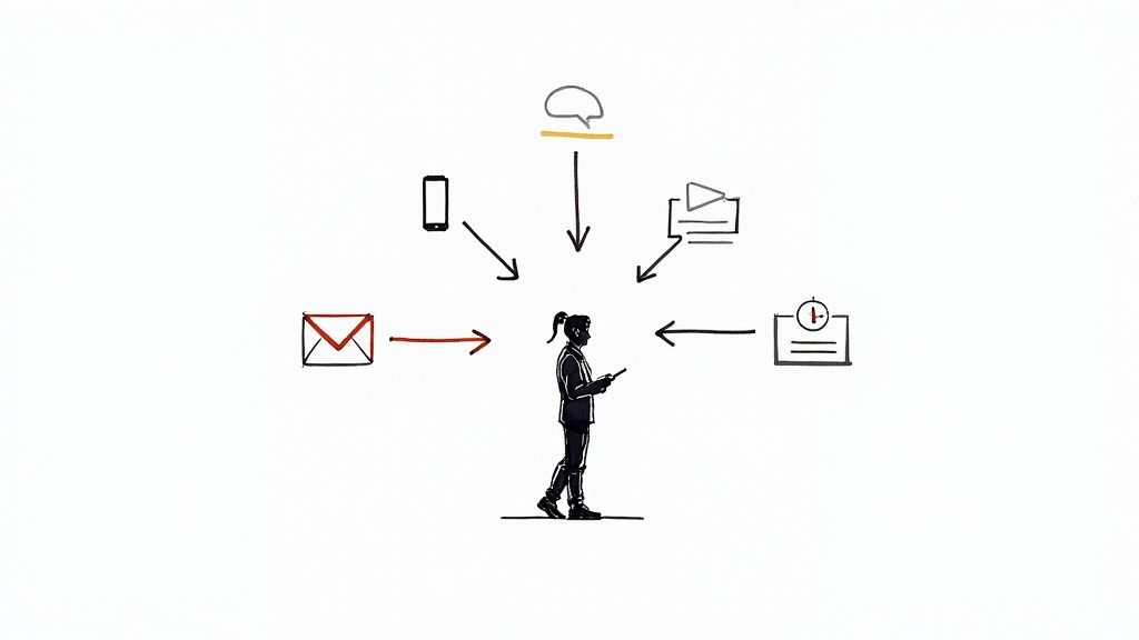 A person using multiple devices like a laptop, tablet, and smartphone, representing the different channels to reach users.