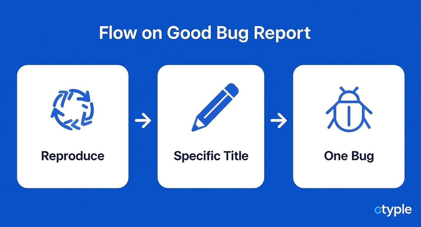 Three step workflow diagram showing bug report process: reproduce issue, write specific title, submit one bug