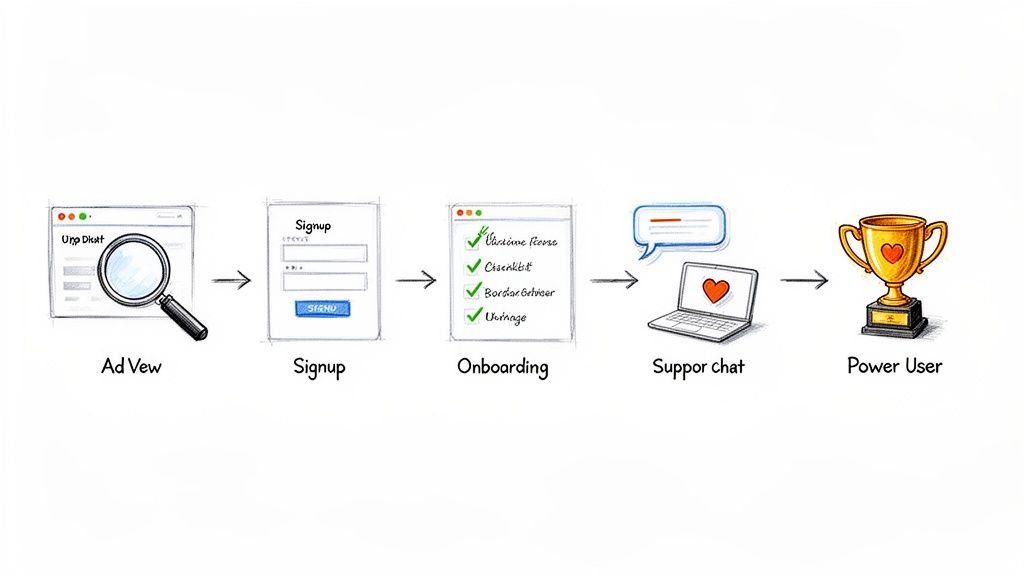 Process flow showing user journey: ad view, signup, onboarding, support chat, leading to a power user.