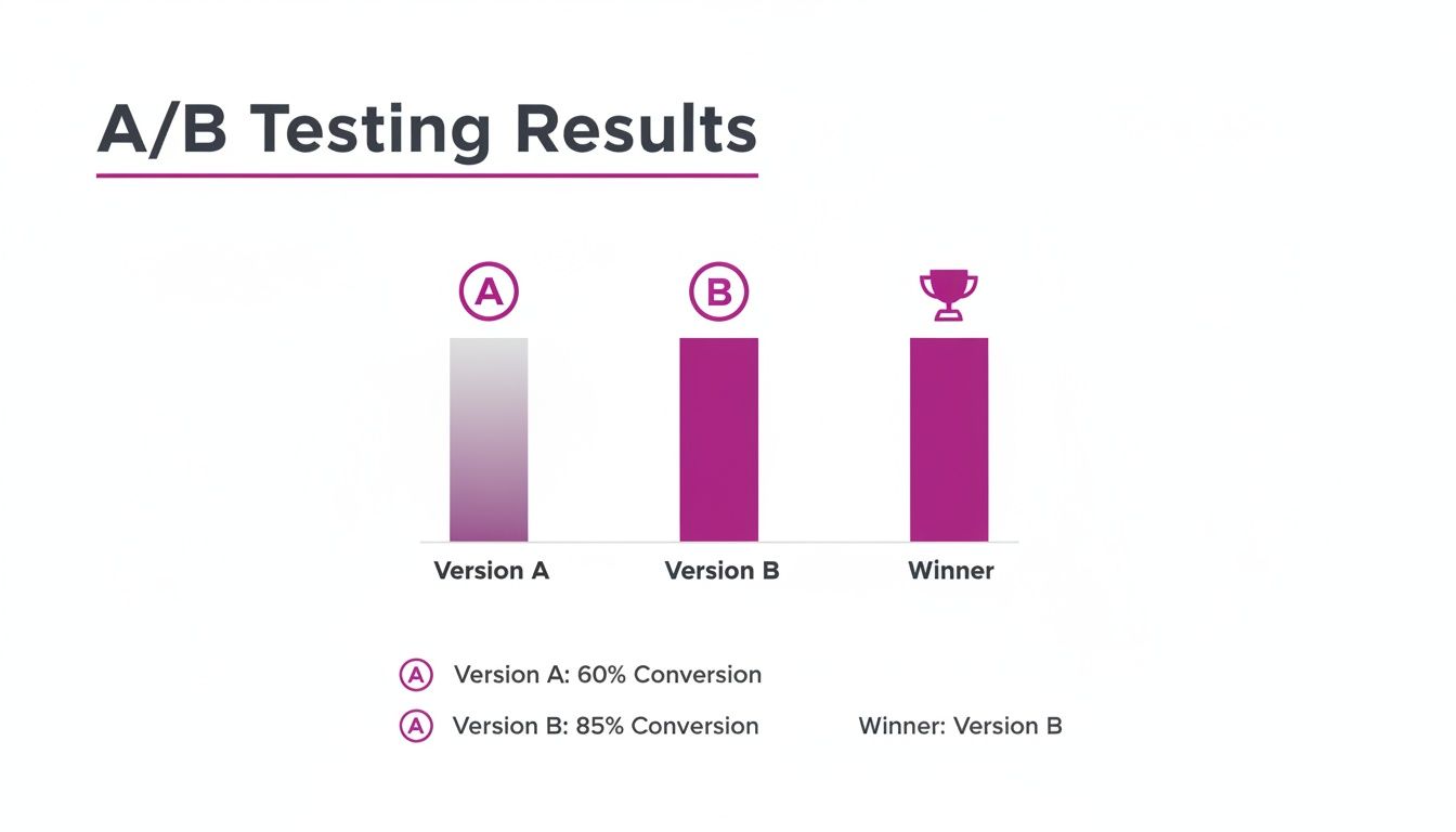 A bar chart visualizing A/B test results: Version A 60% conversion, Version B 85% conversion, Version B is winner.