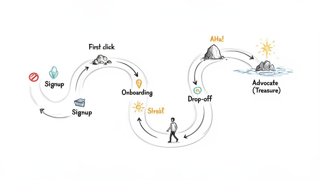 User journey map showing customer stages: signup, first click, onboarding, drop-off, aha moment, and advocate.