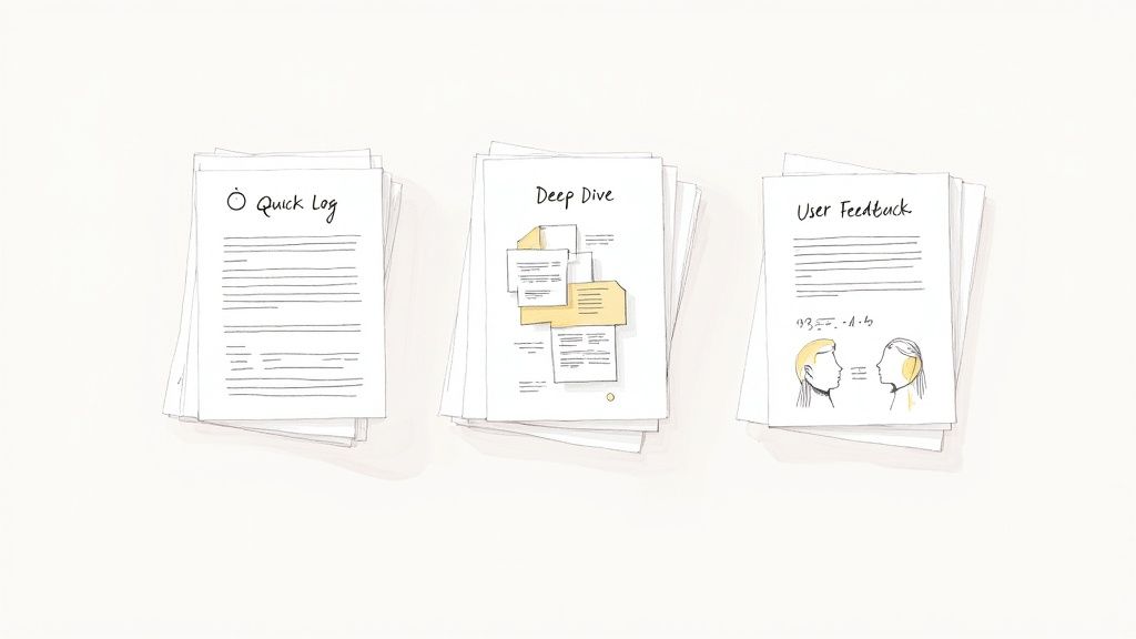 Three stacks of documents titled 'Quick Log', 'Deep Dive', and 'User Feedback', representing different analysis stages.