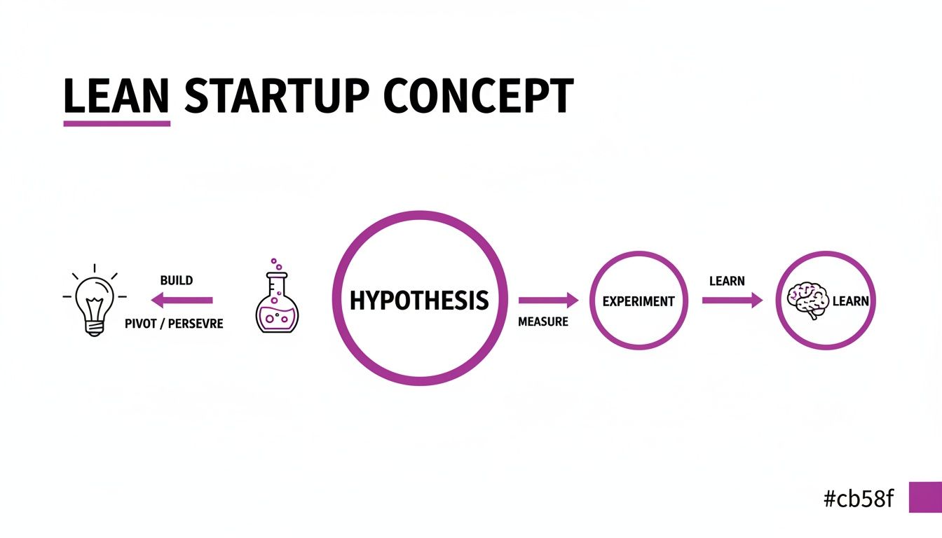 Diagram illustrating the Lean Startup Concept cycle: Hypothesis, Measure, Experiment, Learn, Build, and Pivot/Persevere.