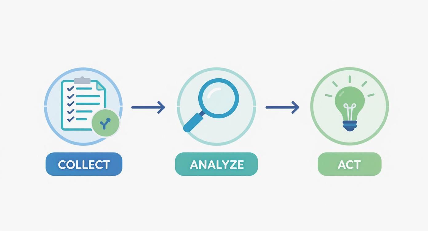 Illustrative diagram showing the three-step process: Collect data, Analyze information, and Act on insights.